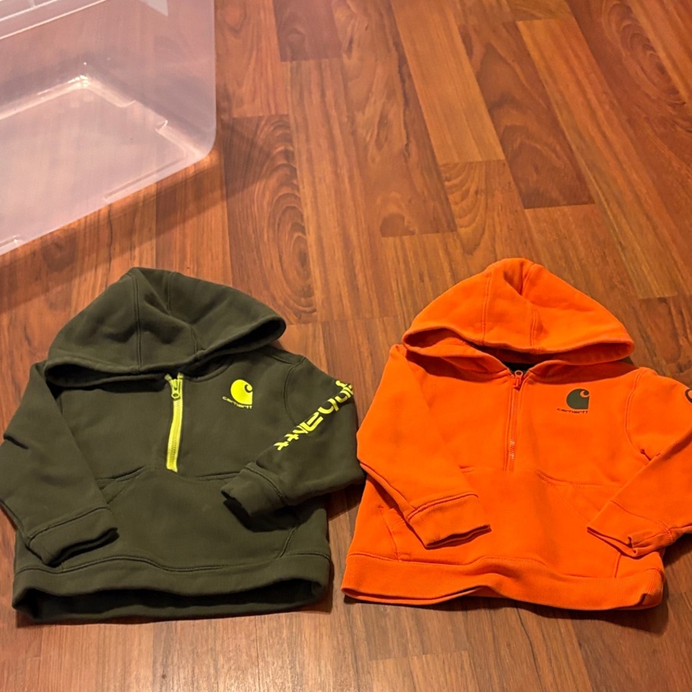 3t Carhartt Kids' Hooded Half-Zip Sweatshirts in Orange and Olive